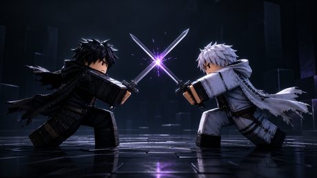 Two Roblox characters clashing swords in a combat system