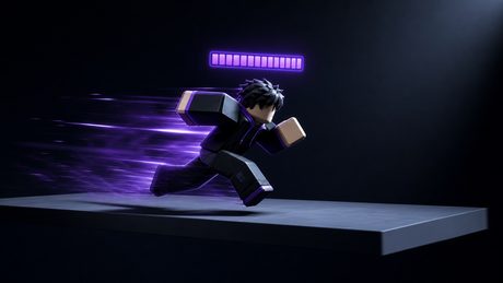 Roblox character sprinting with a glowing stamina meter