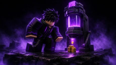 Roblox character next to a glowing dropper machine for a tycoon build